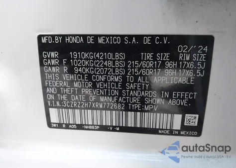 2024 Honda Hr-V Awd Ex-L/Awd Ex-L W/O Bsi from USA, damaged, VIN 3CZRZ2H7XRM772682